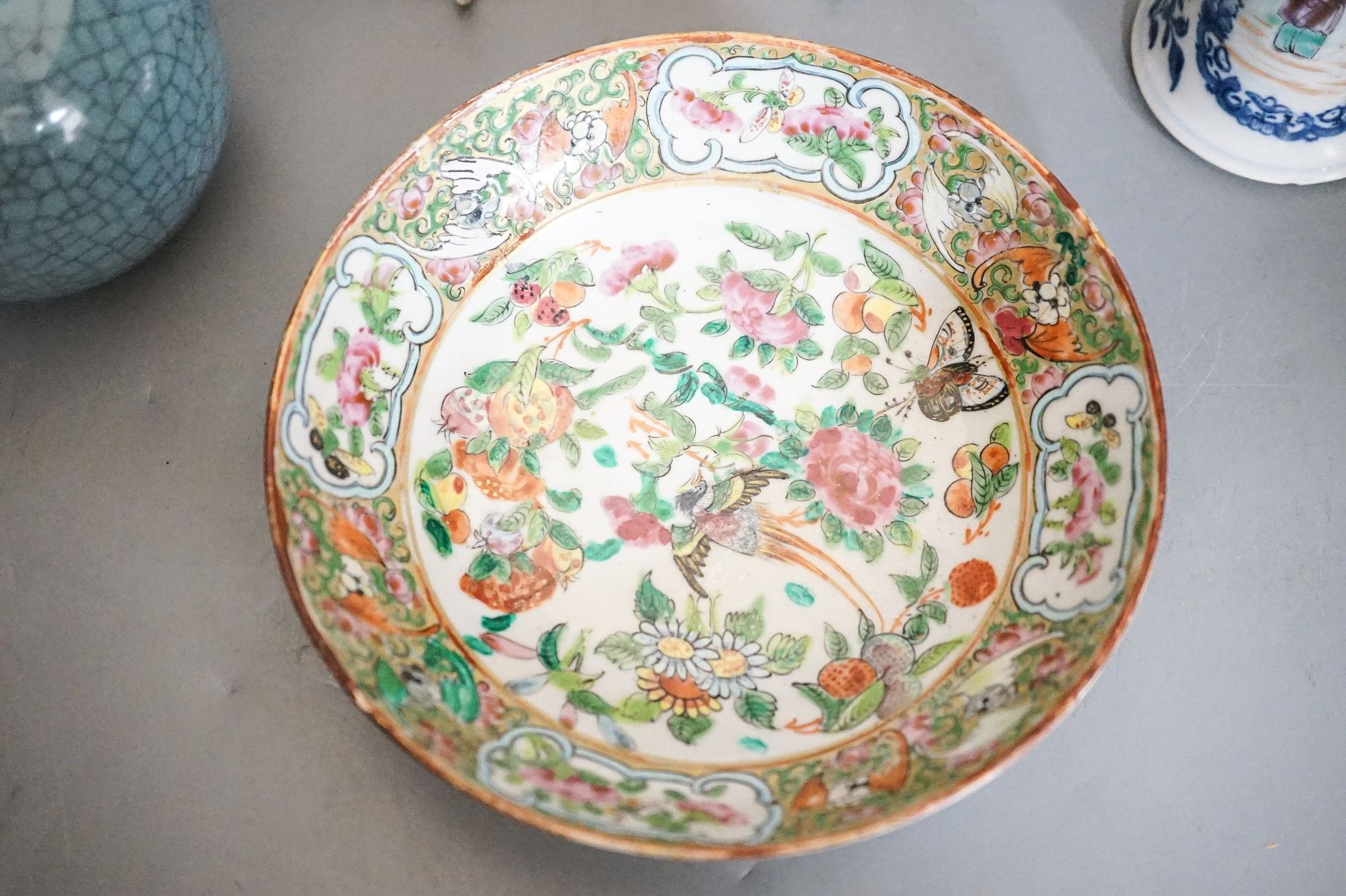 An 18th-century Chinese famille rose small vase, a similar octagonal plate, a 19th-century Cantonese dish and a crackle glaze arrow vase, tallest 15cm